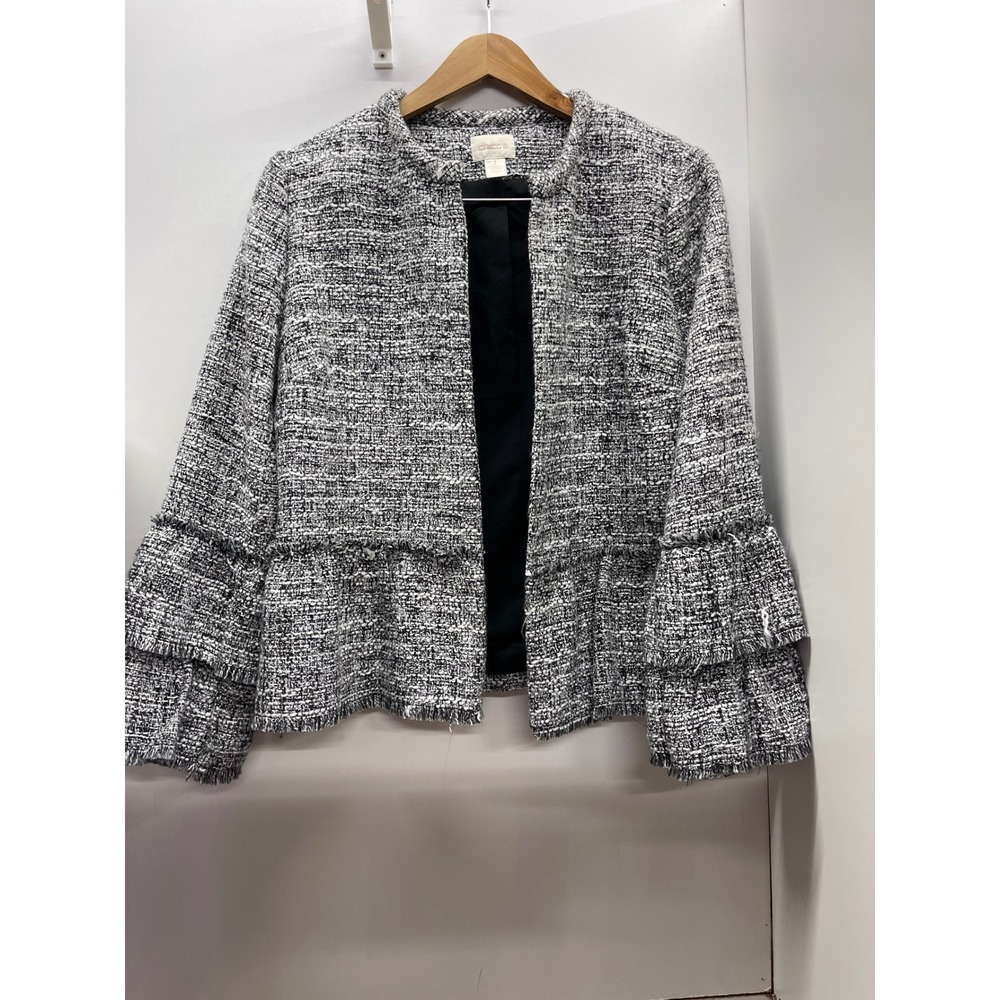 Chicos Tweed Jacket Black White Ruffle Sleeve Fringe Boucle Blazer Size 1 M